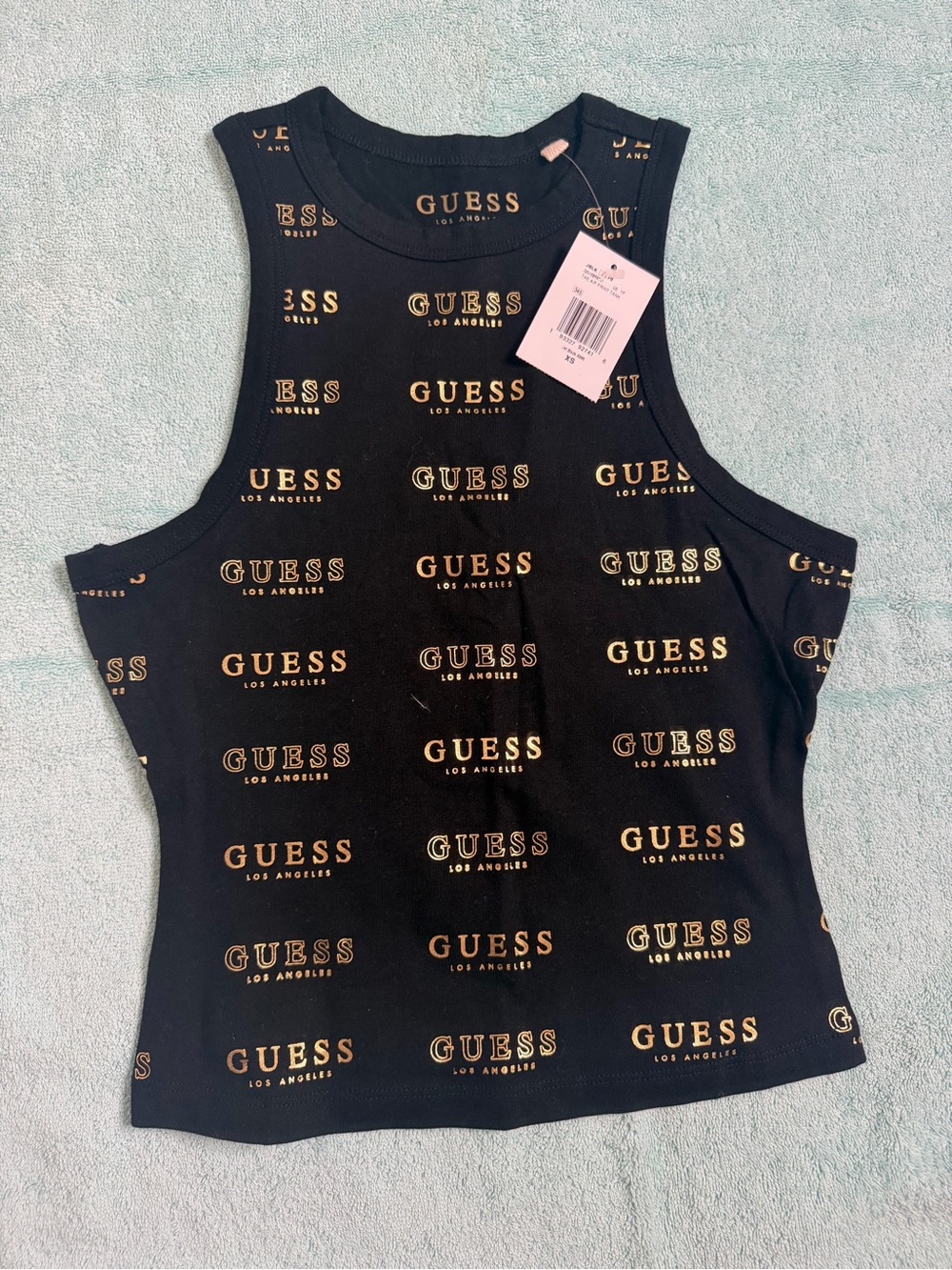 GUESS Black Crop Tank with Gold Logo Print